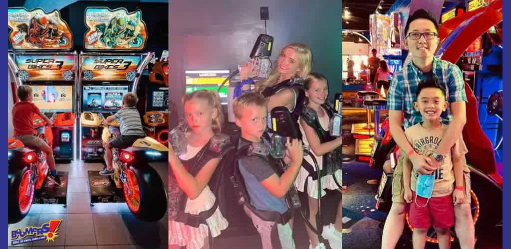 Image displays a vibrant arcade setting. On the left, two people engage in a motorcycle racing game. Center shows two children with toy weapons next to an adult with laser tag vests. The right side features an adult and child standing by an arcade machine, smiling. Bright colors and game signage add to the lively atmosphere.