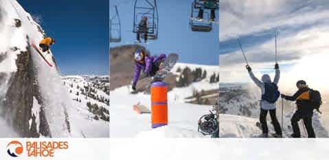 This image is a collage of three photographs showcasing outdoor winter activities set against a backdrop of snow-covered landscapes. On the left, an individual in bright orange and blue attire is seen ascending a steep, icy slope with the aid of climbing equipment, demonstrating the exhilarating sport of ice climbing. The center image captures a person in purple and black winter gear performing an aerial trick on a snowboard, mid-jump, against a clear blue sky, showing the dynamic action of snowboarding. The rightmost picture shows two people dressed in ski gear, one wearing yellow and the other in black, joyously raising their ski poles in the air in a triumphant gesture, likely celebrating a successful run on the slopes. Below these action-packed scenes, the logo for Palisades Tahoe is visible, suggesting that these activities are available at this location.

At the end of this ADA-compliant description for FunEx.com, we encourage you to check out our website for the lowest prices on tickets, ensuring you can enjoy these thrilling winter sports while benefiting from great savings.