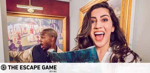 This image features a dynamic and playful scene from The Escape Game. In the foreground, a woman with long, dark hair appears excited and animated, with her mouth wide open in a look of exhilarated surprise. She holds up a patterned pillow, partially obscuring her body. In the background, a man is also engaging with the scene, looking over his shoulder with an expression of astonished discovery. Both individuals appear to be in an elaborately decorated room with framed artwork on the wall, suggesting the immersive and detailed environment typical of an escape room experience. The logo at the bottom of the image reads "THE ESCAPE GAME IRVINE," indicating the location of this entertainment venue.

At FunEx.com, we're committed to providing the thrill of adventure at the lowest prices - find unbeatable discounts and savings on tickets for experiences like The Escape Game!