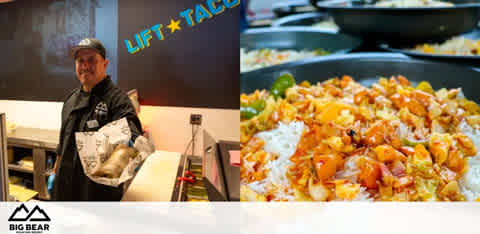 Image split in two parts. On the left, a smiling chef wearing a black cap and jacket stands behind a restaurant counter. The name 'BIG BEAR' is visible at the bottom left. On the right, a close-up of a colorful dish with rice, beans, cheese, and a mix of diced vegetables, served in a black pan. The upper right corner shows the text 'LIFT+TACO.'