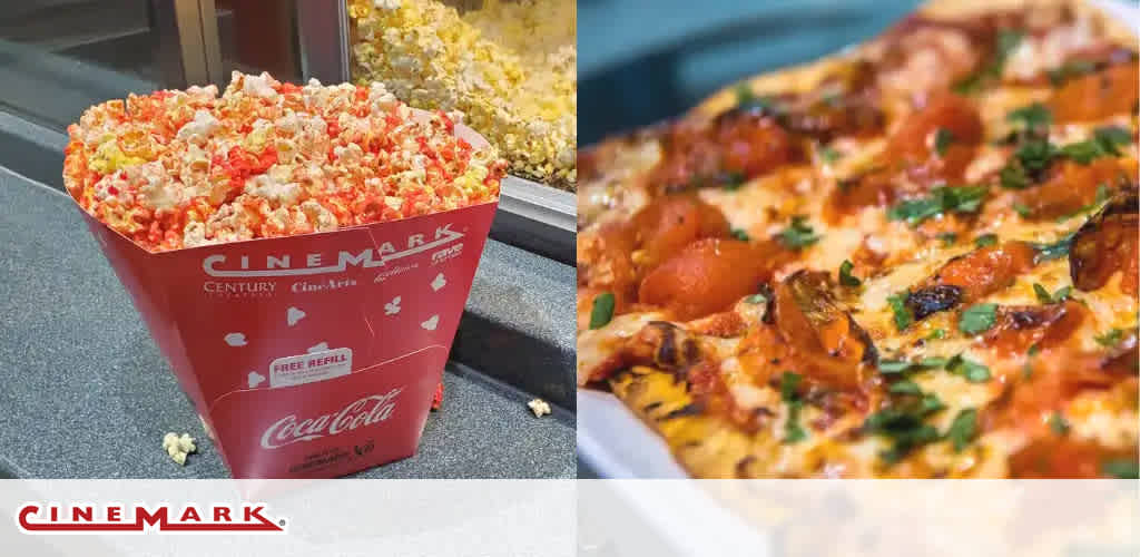 A red Cinemark popcorn bucket and a close-up of a cheese pizza slice.