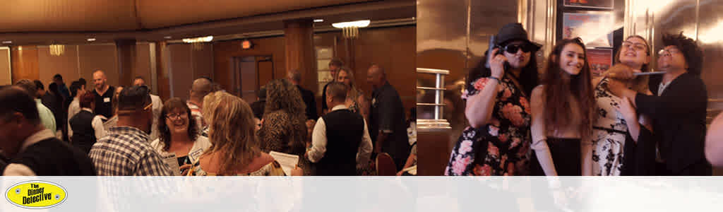 This image is a panoramic photograph taken at an indoor event, featuring two different scenes. On the left, a crowded room filled with attendees is depicted; various groups of people are engaged in conversations. Both men and women are present, dressed in semi-formal attire, suggesting a social or professional gathering. The lighting is warm, and the setting appears to be a large hall or lobby with wood paneling, adding to the convivial atmosphere.

On the right side of the panorama, the image captures a more intimate moment with four individuals posing for a selfie. Three young people—an individual wearing a black hat and sunglasses, a smiling woman in a floral dress, and another individual angling their phone for the selfie—appear in focus, while a fourth person is partially visible behind them. The group is sharing a lighthearted moment, evidenced by their smiles and playful gestures.

At FunEx.com, we believe that every experience should be memorable and affordable. Enjoy the best moments without breaking the bank by booking with us, and benefit from the savings and lowest prices on tickets for a variety of entertainment options.