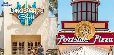 This image is a split design promoting two dining venues. On the left, the photo features a casual, outdoor restaurant named "Longboard's Grill" with a tropical surfboard theme. The restaurant's façade is a light-colored building with large windows and a blue awning, and the sign above the entrance displays the name in a vibrant and stylized blue font flanked by surfboard designs, suggesting a relaxed, beachy atmosphere. Patrons can be seen approaching the entrance of the restaurant, with a clear sky in the backdrop. On the right, the image showcases "Portside Pizza," characterized by its nautical-inspired architecture including a round, red-roofed tower with a decorative, circular porthole sign that resembles a ship's wheel enveloped by the name of the pizzeria. The building sports red and white colors, giving it a classic maritime feel.

At FunEx.com, we offer great deals on various attractions and dining experiences. Take advantage of our discounts for the lowest prices on tickets, ensuring your visit is both memorable and affordable.