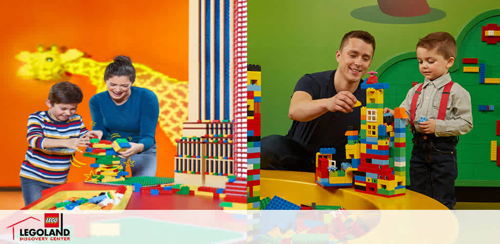 This image features a vibrant and colorful play area within LEGOLAND Discovery Center. On the left side, a joyful boy, wearing a striped shirt, is interacting with LEGO bricks alongside a smiling woman in a blue sweater. They appear to be building a multi-colored LEGO structure on a table scattered with various LEGO pieces. The background of this portion of the image has a dynamic orange with a pattern resembling a LEGO flame design. 

On the right side of the image, a cheerful young man in a black t-shirt is helping a small boy in a dress shirt with suspenders construct another imaginative LEGO edifice. The backdrop here is a pleasant green with LEGO designs mounted on the wall. 

In the center, both scenes are divided by the LEGOLAND Discovery Center logo, emphasizing the playful and family-friendly atmosphere of the center. 

Visit FunEx.com to secure your tickets to adventure and creativity for the whole family at the lowest prices, ensuring you get the best savings on your next visit to LEGOLAND Discovery Center!