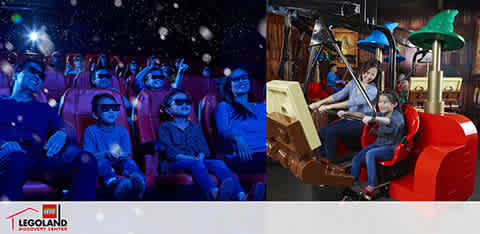This image is divided into two scenes, both depicting attractions at LEGOLAND.

On the left, we see a group of excited visitors experiencing a 4D cinema event. They are seated in rows wearing 3D glasses, looking up at the screen with expressions of amazement, as simulated snow falls around them, enhancing their immersive experience.

To the right, two children are featured in what appears to be a LEGO-themed ride. They are focused on an artist's easel in front of them with a lever that they are pulling. Behind them, LEGO-styled decorations including a green artist's lamp and red brick patterns enhance the playful atmosphere of the attraction.

For unforgettable fun at LEGOLAND, visit FunEx.com to grab your tickets at the lowest prices, ensuring your adventures are met with great savings!