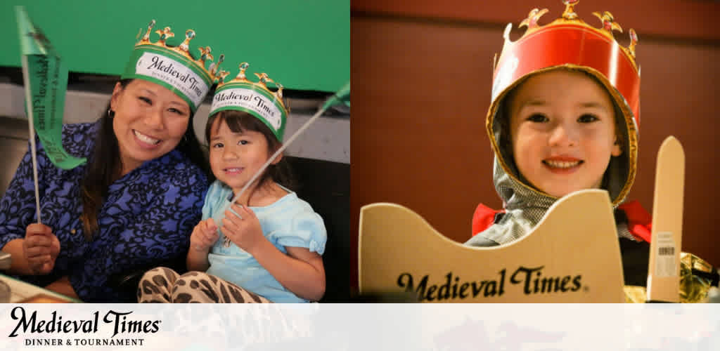 Image shows two separate scenes from Medieval Times. On the left, a smiling woman and a child wearing green crowns hold flags. On the right, a child in a red crown and knight costume smiles. The Medieval Times logo is present in both scenes, indicating a themed dinner and tournament experience.
