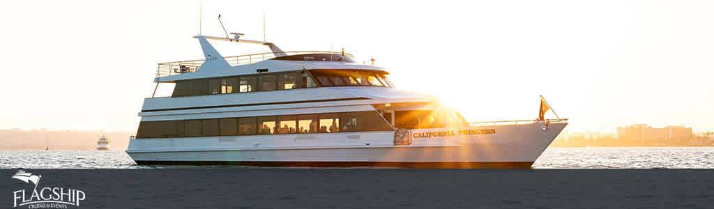 This image displays a large, luxurious multi-deck yacht named "California Princess," which is sailing on calm waters. The yacht is part of the Flagship fleet, as indicated by the brand logo inscribed in the upper left corner of the picture. The vessel is captured during what appears to be sunset, with the warm glow of the sun reflecting off its white exterior and emphasizing its sleek design. The skyline in the background suggests an urban coastal setting, and the clear sky indicates fair weather, creating an inviting atmosphere for a cruise. Don't miss the chance to experience an unforgettable sea adventure at a discount when you book through FunEx.com, where we always strive to offer the lowest prices on tickets for premier experiences.