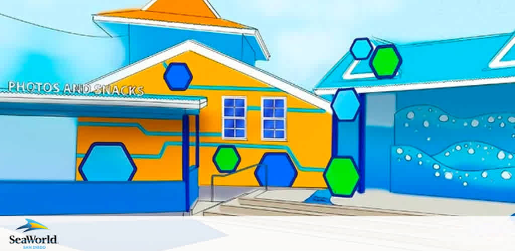 Image displays a vibrant, stylized depiction of a structure at SeaWorld San Diego with signage stating Photos and Snacks. The building features bright oranges and blues with geometric accents, creating a playful and welcoming atmosphere.