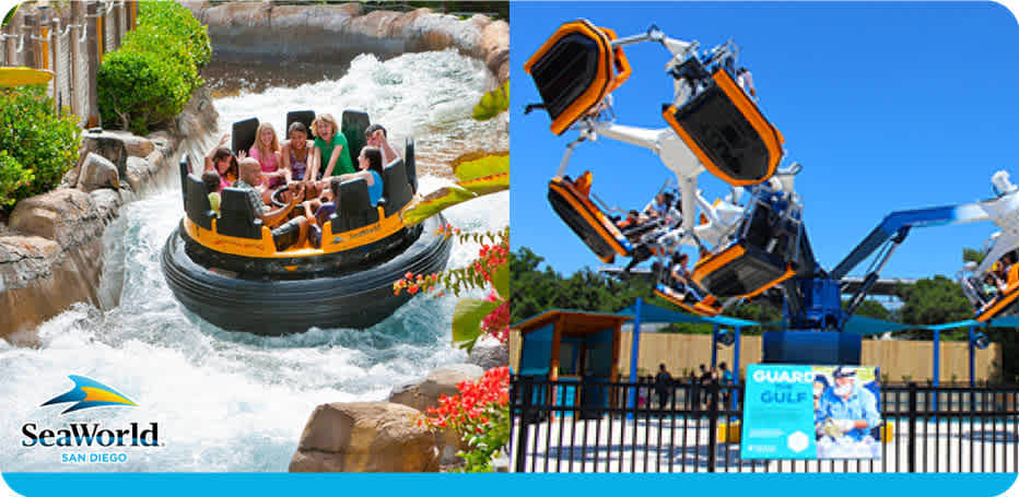 Image split into two scenes at an amusement park. On the left, a group of visitors enjoy a rapid river ride, smiling as they're splashed by water in a circular raft. SeaWorld San Diego's logo is displayed below. On the right, an exhilarating ride lifts people strapped into seats as it spins against a clear blue sky. A sign with 'Guard Glide' is seen in the foreground.