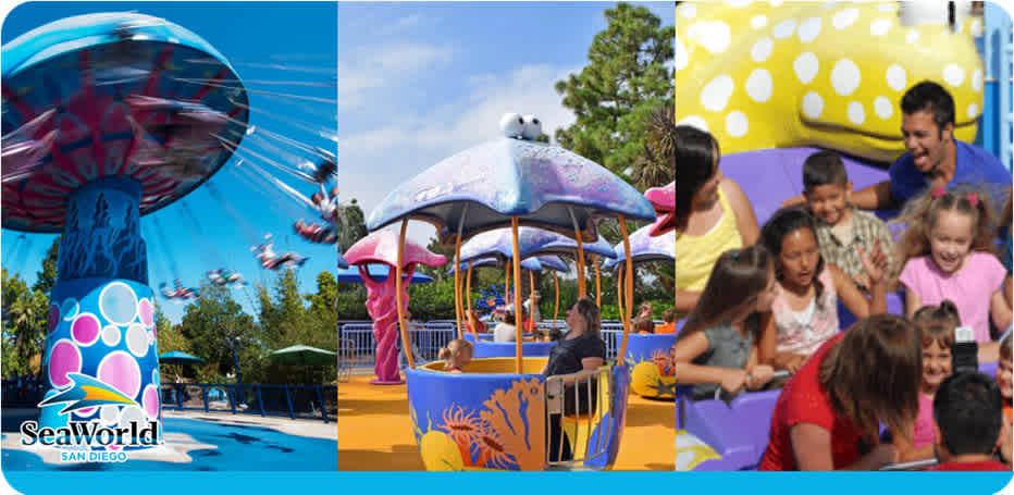 Image shows a collage from SeaWorld San Diego featuring amusement rides. On the left, a blue and red spinning ride blurs with motion, and on the right, two images display a stationary carousel and a group of smiling people, including children, sharing a joyful moment on a ride with brightly colored patterns.