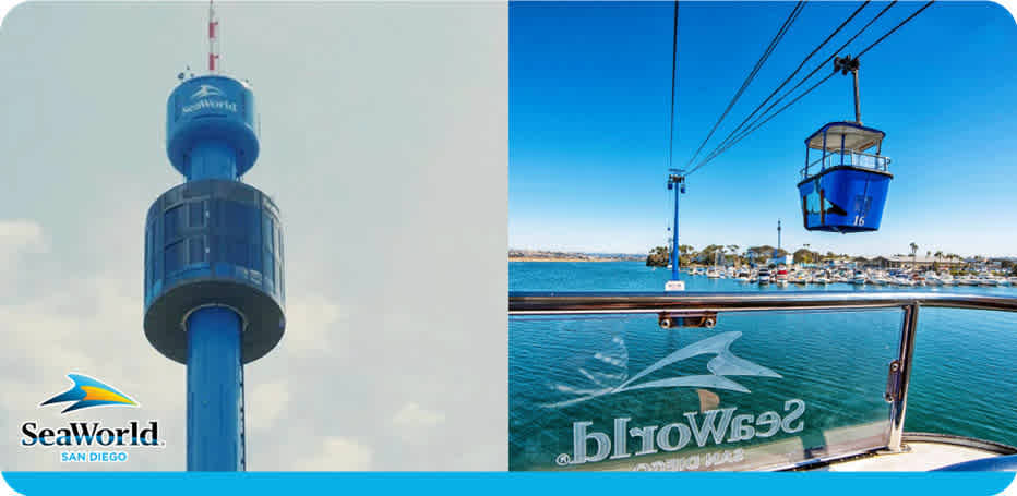 The image features two segments showcasing attractions at SeaWorld San Diego. On the left, a tall blue sky tower with the park's logo overlooks a clear sky. On the right, a blue skyride gondola suspended by cables hovers above water with reflections of sunlight, offering a view of a coastal landscape. The SeaWorld logo is visible in both segments.