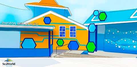 Illustration of a colorful building with a sign indicating 'PHOTOS ANTARCTIC'. The adjacent blue structure showcases hexagonal and circular patterns, resembling aquatic themes, under bright skies. The setting seems to represent a themed park attraction, possibly offering photo opportunities related to Antarctic expeditions. The SeaWorld logo is visible, indicating the setting or affiliation.