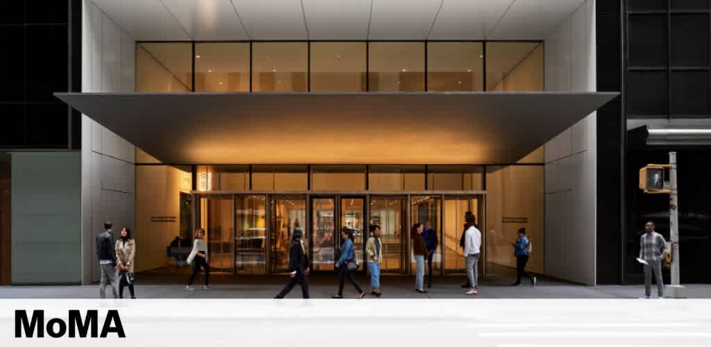 Entrance to the Museum of Modern Art (MoMA) with the museum's name at the bottom. Visitors are seen walking by and standing near the glass doors under an overhanging modernist facade with warmly lit interiors.