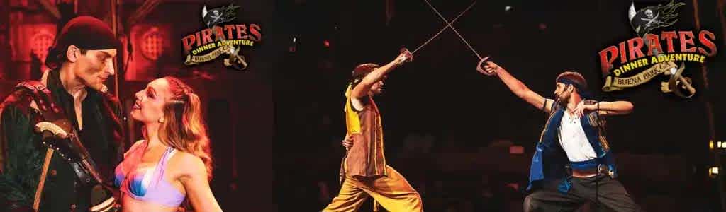 Image displays a collage from Pirates Dinner Adventure. On the left, two actors dressed as pirates are about to kiss. The center shows an action scene with two more individuals crossing swords. Both scenes are underlit for dramatic effect and flanked by the show's logos on a dark background.