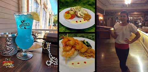 Image description: The image presents a collage of three separate photos depicting dining and a guest experience. On the left, there is a close-up view of a vibrant blue cocktail with lemon garnish, served in a glass tagged "PIRATES," set against a backdrop of vintage silverware and pearl necklaces, all arranged on a wooden table surface, suggesting a pirate-themed dining environment. In the middle photo, a beautifully plated meal is showcased, featuring a savory chicken dish accompanied by a creamy sauce, roasted potatoes, fresh greens, and artistically placed dollops of red sauce, all on a white circular plate. On the right, a woman with a welcoming smile stands confidently in a restaurant setting. She is casually dressed in a white blouse paired with red pants and appears to be a friendly staff member or guest, contributing to the lively atmosphere of the venue. Experience memorable dining and enjoy savings on your next adventure with the lowest prices on tickets at FunEx.com.