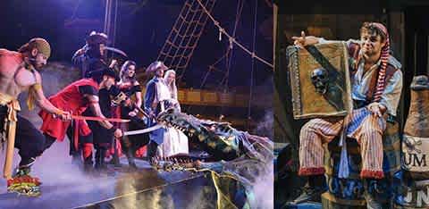 This image presents a pair of dynamic scenes from what appears to be a themed entertainment venue or show. On the left side, the photo shows a group of actors dressed in pirate attire engaged in an animated performance aboard a ship featuring rigging and a wooden deck. A central character in a red sash wields a sword, while other characters show expressions of excitement and engagement, implying a moment of high action or drama.

The right side of the image depicts a man in a striped shirt and headscarf standing with a parrot on his arm, commanding attention as he points to an aged map. This scene suggests a storytelling moment or a guided adventure, with atmospheric lighting enhancing the theatrical presentation.

To further immerse you in a world of adventure, FunEx.com offers the lowest prices and amazing savings on tickets to unique experiences just like this one.