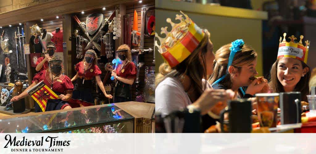 Image of a Medieval Times themed experience, split into two sides. On the left, staff in themed attire with masks stand behind a souvenir counter adorned with medieval-style weapons and shields. On the right, joyful visitors wearing paper crowns sit at a table enjoying the show, one person is eating with a medieval-style tumbler in view. A Medieval Times banner runs across the image's lower section.