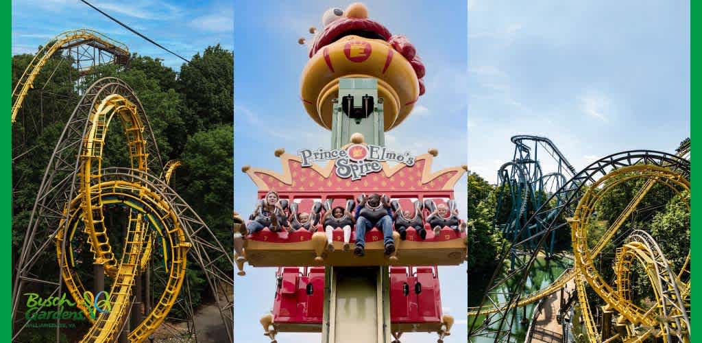 Triptych of amusement park experiences. Left shows a looping yellow roller coaster with greenery. Center displays excited riders on a red and gold platform ride with 'Prince Elmo's Spire' signage. Right features a green and yellow coaster with loops and curves amidst trees.