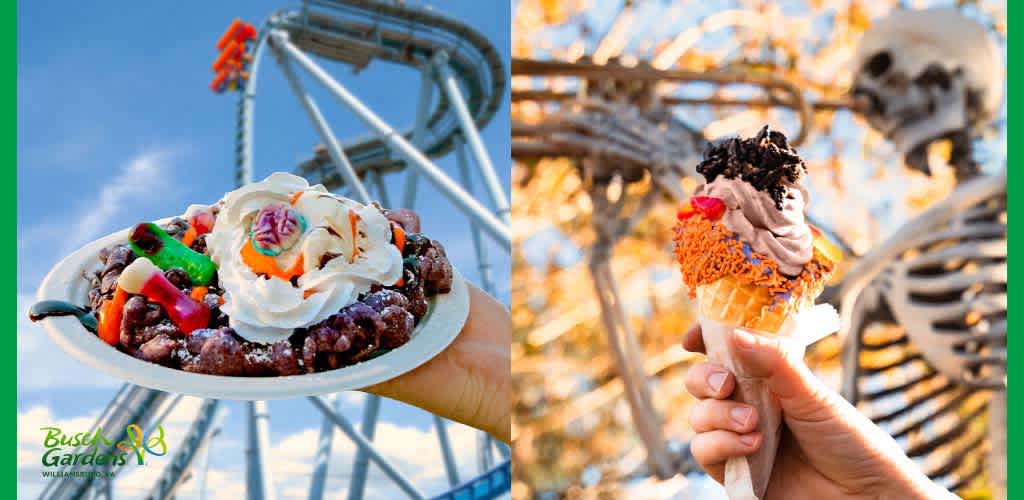 Image split in two. On the left, a hand holds a plate with a chocolate-covered funnel cake adorned with whipped cream and colorful candy against a backdrop of a roller coaster. On the right, another hand holds a cone with a large ice cream scoop topped with chocolate sprinkles, a gummy bear, and a cherry, with a skeleton decoration in the background. Both set in an amusement park.