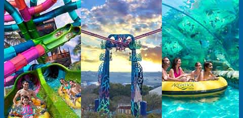 This image shows a collage of three water park attractions. On the left, there's a vibrant maze of intertwined water slides with people joyously sliding down. The center depicts a thrilling drop ride with pairs of riders suspended at the top. On the right, a group enjoys a raft ride through a lush, tropical-themed waterway. The sky is a mix of dramatic clouds and clear blue areas.