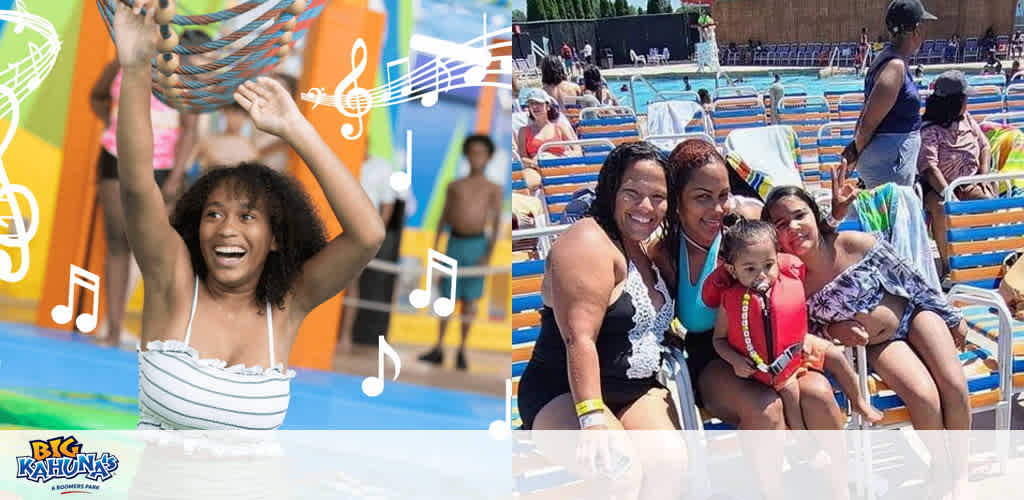 The image shows two separate scenes of fun water activities. On the left, a joyful person is swinging on a rope at a water park, ready to drop into a pool, with musical notes indicating a playful ambiance. On the right, four people are smiling together on poolside lounge chairs, displaying close bonds and enjoyment on a sunny day. The watermark of Big Kahuna's water park is visible.