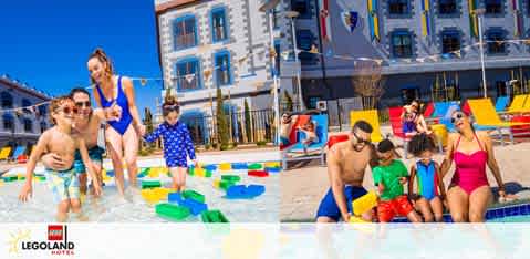 This image features a vibrant and sunny day at the Legoland Water Park. On the left, joy radiates from a smiling child wearing swim goggles and holding a large LEGO brick, while a woman in a blue one-piece swimsuit accompanies another child building with colorful oversized LEGO blocks by the water's edge. To the right, a man in swimwear is seen assisting two children with building structures from similar large LEGO bricks, with one child focused on connecting the pieces. Both sections depict a shallow pool area lined with lounge chairs, colorful umbrellas, and a whimsical hotel facade in the background, evoking a playful and family-friendly atmosphere.

At FunEx.com, we're committed to bringing you the joy of such family destinations at the lowest prices available—because your smiles should be as big as your savings when you purchase tickets with our exclusive discounts.