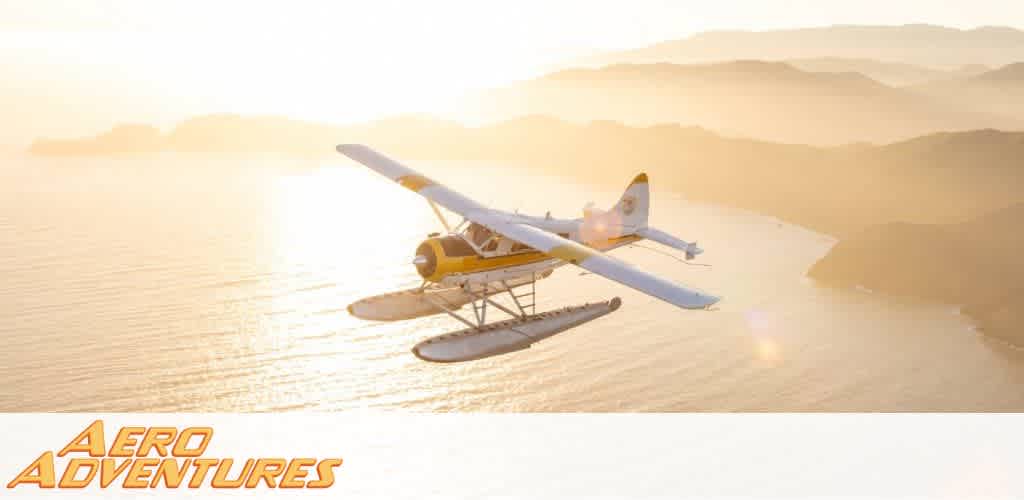 Image Description: The photo captures a serene moment during golden hour, showcasing a yellow seaplane with floats gliding above a calm, reflective water surface. In the background, layers of hazy, rolling hills subtly fade into the warm, luminous glow of the setting sun. The sky is clear, and the natural lighting casts a soft, golden sheen over the entire scene. Bold, orange text in the lower left corner reads "AERO ADVENTURES."

At FunEx.com, embark on an unforgettable flying experience with AERO ADVENTURES, and discover our exclusive discounts to ensure you enjoy the excitement at the lowest prices available.