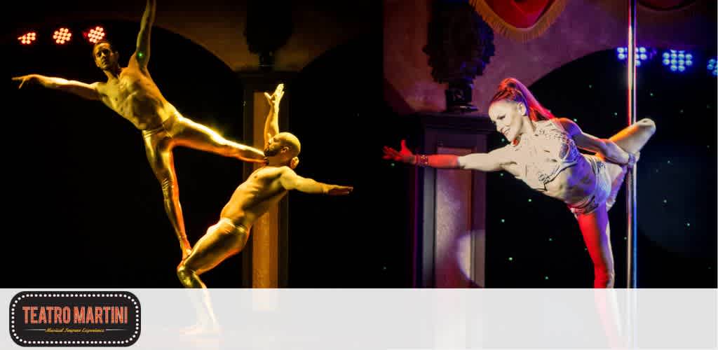 Acrobatic performers in action on a vividly lit stage with "Teatro Martini" logo.