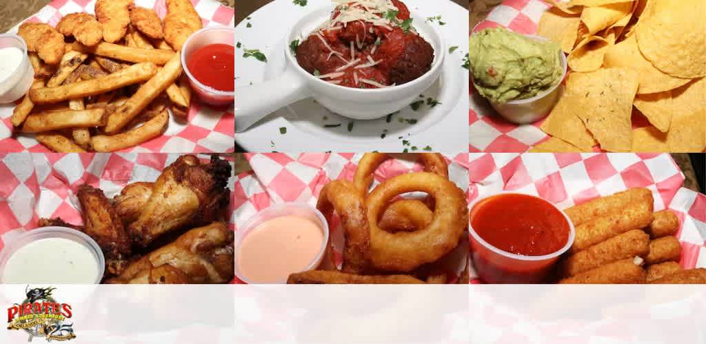 Assorted appetizers including wings, fries, and mozzarella sticks.