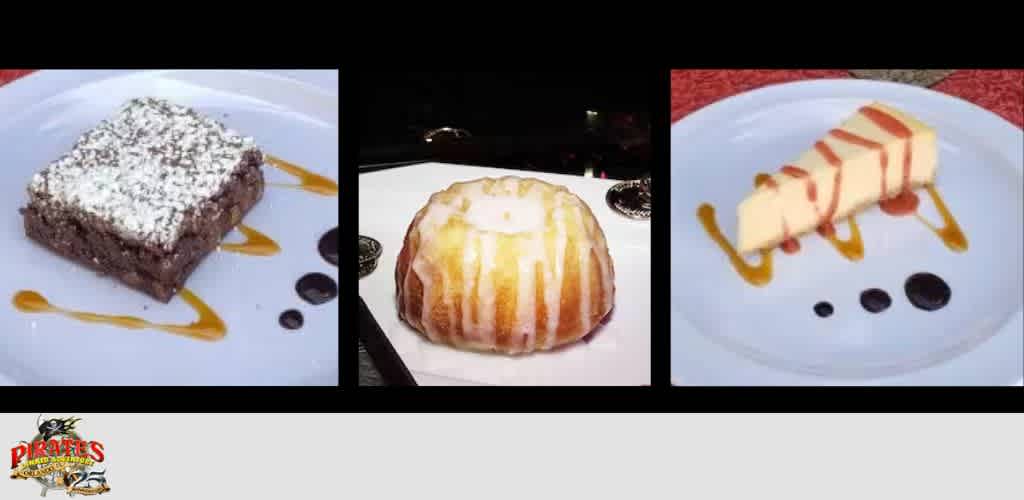 Three plated desserts: a brownie, a flaky pastry, and a slice of cake with sauce drizzles.