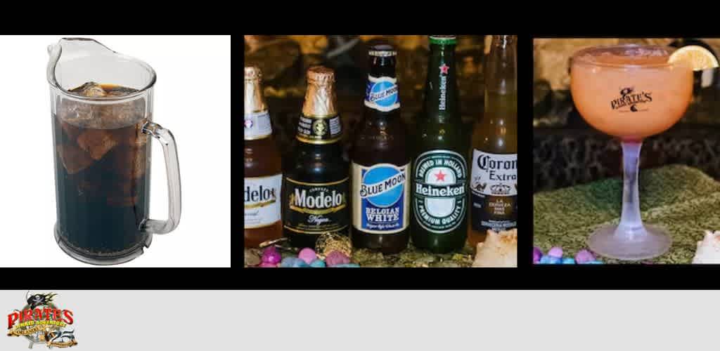 Image of a pitcher of iced tea, a variety of beer bottles, and a margarita glass.