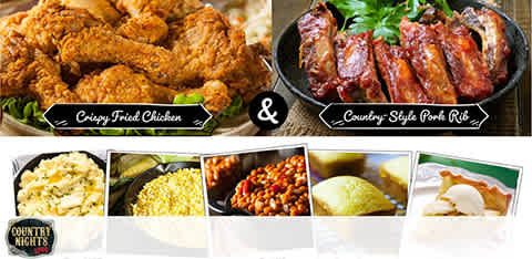 Ad for Country Nights featuring crispy fried chicken, country-style pork ribs, and various sides.