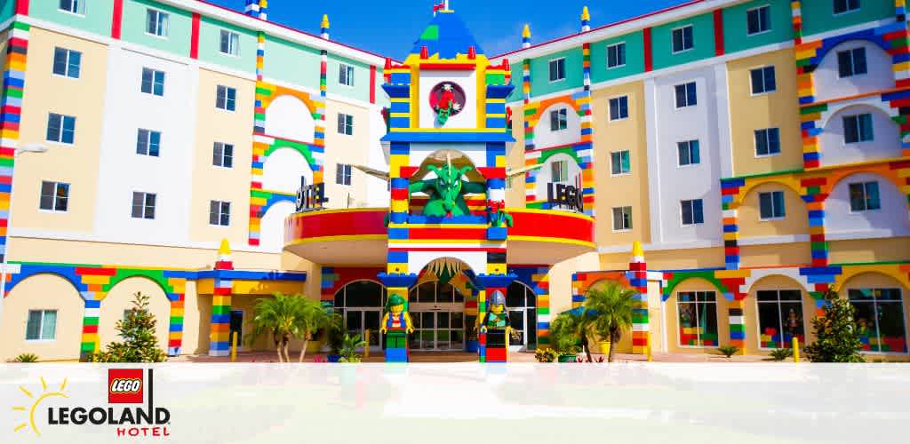 Colorful facade of LEGOLAND Hotel with LEGO-themed decorations and playful architecture.