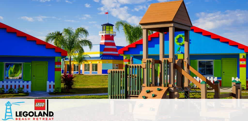 Colorful bungalows with Lego themes and a playground at a sunny beach retreat.