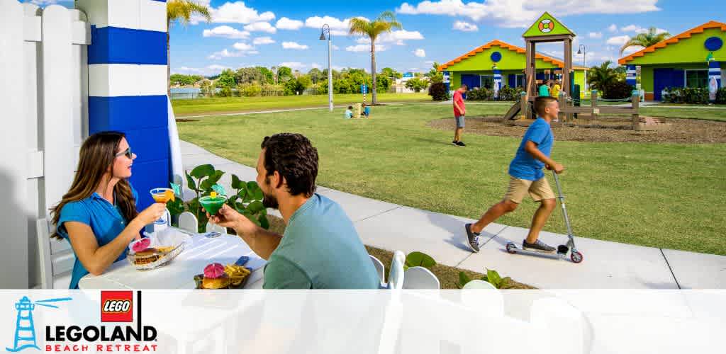 People dine and play at a vibrant LEGOLAND Beach Retreat.