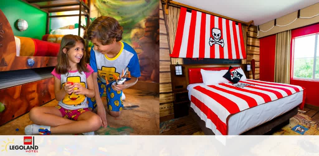 A themed hotel room with a pirate bedspread and two children playing with toys.