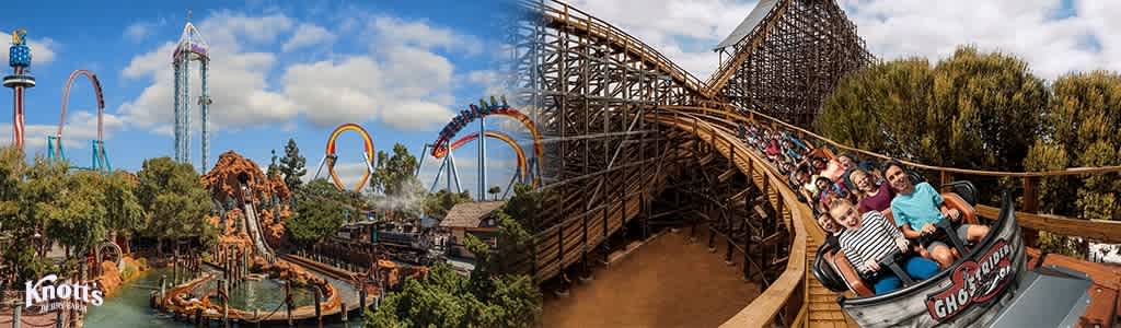 Panoramic view of an amusement park with a variety of roller coasters and attractions on a sunny day. The foreground shows happy riders on a wooden coaster named Ghostrider, with a backdrop of looping steel coasters, a drop tower, and water rides amidst lush greenery.