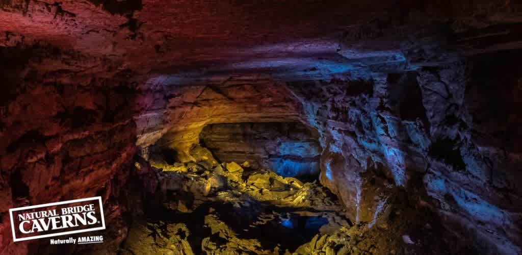 Image depicts the colorful interior of Natural Bridge Caverns with illuminated walls in hues of red, yellow, and blue, highlighting the cave's natural formations and textures. A sign with the location's name is visible in the bottom left corner.