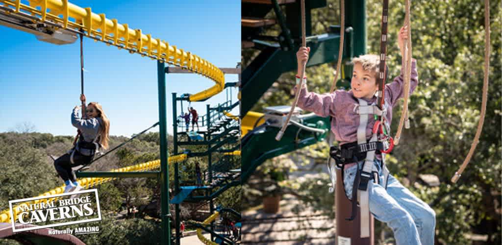 Two thrilling adventures at Natural Bridge Caverns are shown. On the left, a person is zip-lining on a yellow track above a lush canopy of trees. To the right, a joyous child is harnessed to ropes on an aerial obstacle course amidst greenery.