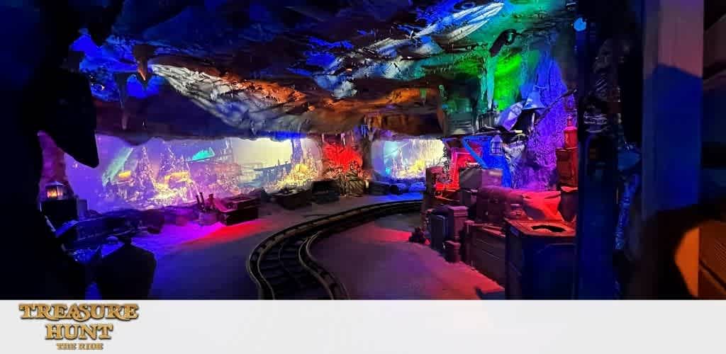 This image displays a vibrant and colorful indoor space, seemingly part of an attraction named "Treasure Hunt." The room features a miniature model train track that weaves along the floor of the area. Above the track, the ceiling is adorned with an array of eclectic decorations that simulate a cave-like environment replete with stalactite formations. Vivid lighting in hues of blue, purple, and red illuminates the space, giving it a whimsical and otherworldly atmosphere. The walls and nooks are filled with various props and treasures, contributing to the theme of an adventurous treasure hunt. The text "TREASURE HUNT THE RIDE" is superimposed on the image, suggesting that this is a themed entertainment ride.

To ensure an engaging yet informative environment for everyone, care has been taken to make the setting visually stimulating, which should appeal to both children and adults with its intricate details and imaginative design.

At FunEx.com, we pride ourselves on offering the best adventure for less—dive into a world of excitement while enjoying the lowest prices on tickets and unmatched savings for your next escapade!