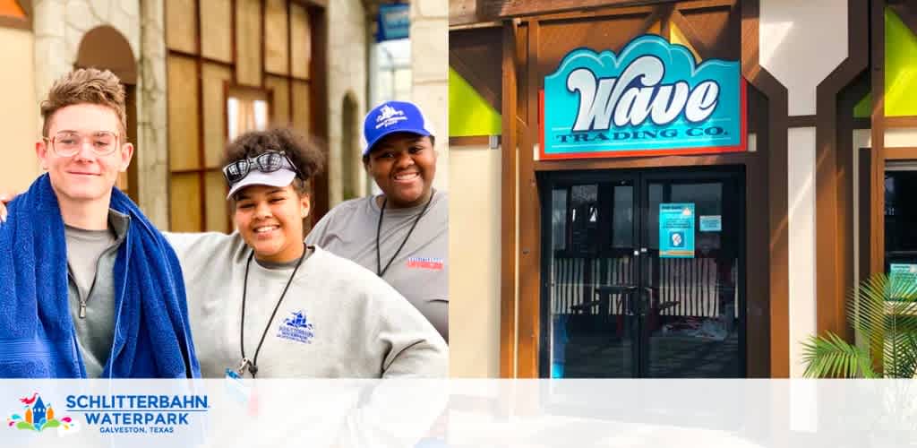 A split image with the left side featuring three happy individuals standing outside, two in uniform, with the 'Schlitterbahn Waterpark Galveston, Texas' logo at the bottom. On the right, there's a storefront for 'Wave Trading Co.' with yellow and green trim around a glass door and windows, showcasing a blue sign with white and light blue text.