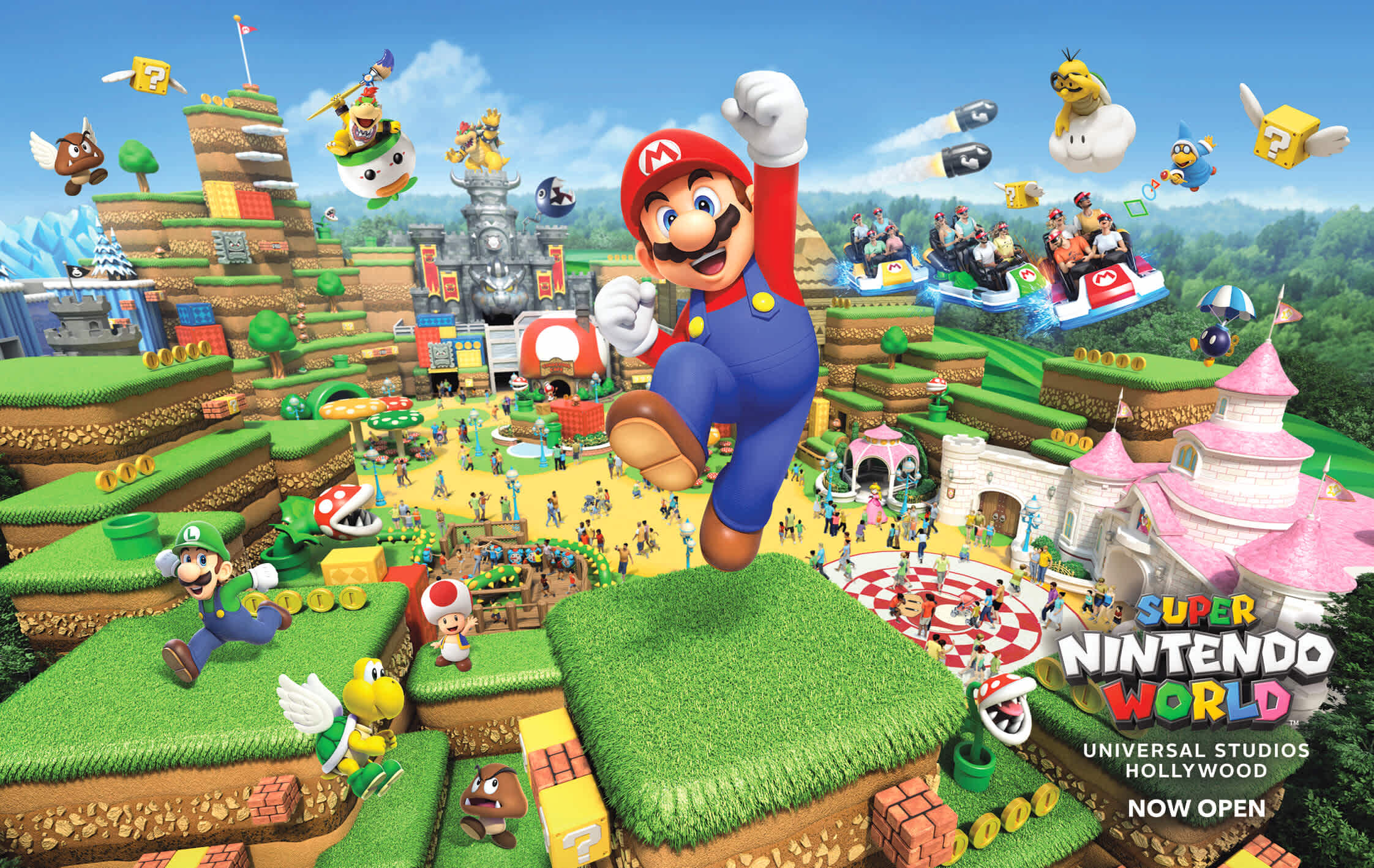 This vibrant image features the animated world of Super Nintendo. In the foreground, you can see the iconic green and brown landscapes with a variety of recognizable characters from the Nintendo franchise. Mario is energetically leaping forward in the center, wearing his traditional red cap, blue overalls, and red shirt. Luigi is seen in motion to the left, while characters like Toad, Yoshi, and a Koopa Troopa are scattered throughout the scene. Various elements, such as question blocks, coins, and power-up mushrooms, add to the game-like atmosphere.

The middle area of the image shows an intricately designed park with pathways, where several visitors can be seen exploring the attractions. The park is elaborately themed with large, mushroom-shaped structures and checkered flooring reminiscent of racing tracks.

The background displays a brilliant blue sky with fluffy clouds and animated elements such as the floating faces of Bowser and a Boo, among others. Visitors are also seen enjoying what appears to be a water ride featuring characters in rafts, adding to the playful and adventurous vibe of the park.

A large, bold logo of "SUPER NINTENDO WORLD" adorns the bottom right corner of the image, announcing its presence at Universal Studios Hollywood, with text underneath stating "NOW OPEN."

To wrap this up, escape into this colorful and whimsical playground at Super Nintendo World, and remember at FunEx.com, we're committed to offering discounts that'll ensure you get the most savings on your tickets for the lowest