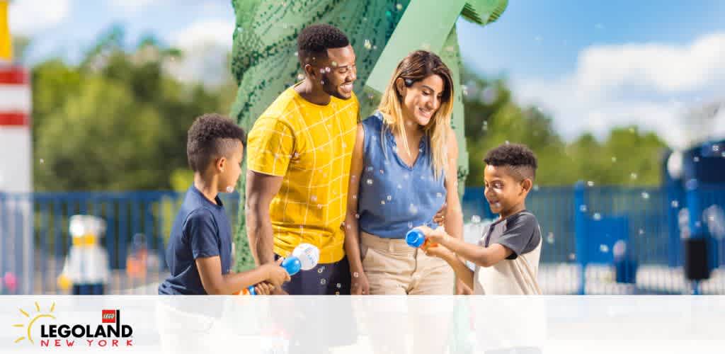 A happy family of four enjoys a sunny day at LEGOLAND New York. Two adults, one male and one female, smile as they watch two young boys play. The backdrop features LEGO structures and vibrant blue skies. The boys are engaged in playful activity, creating a scene of joy and family fun. The LEGOLAND New York logo is visible at the bottom left.