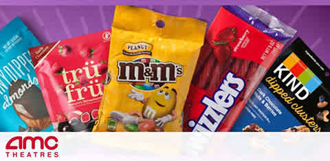 This image showcases a selection of snack packages including, from left to right, Whoppers, Tru Fru, peanut M&Ms, Twizzlers, and a KIND bar. In the bottom left corner, the AMC Theatres logo is visible. The background is a gradient merging purple to blue.