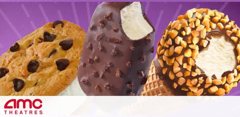 Image shows a variety of treats against a purple background. On the left, there is a chocolate chip cookie. The center features a chocolate-covered vanilla ice cream bar with nuts. On the right is a vanilla ice cream cone dipped in chocolate and coated with nuts. AMC Theatres logo is in the bottom left.