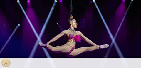An aerial performer in a sparkling costume executes a split while suspended from a hoop. Stage lights cast pink and blue hues, with a blurred background emphasizing the artist's motion. The performer's expression is focused and graceful.