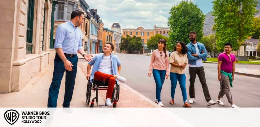 This image features a group of six individuals enjoying a Warner Bros. Studio Tour Hollywood. On the left, a standing man gestures towards a smiling young person in a wheelchair, engaging in conversation. On the right, a diverse group of four adults walk side by side along the studio's street, which is lined with colorful facades of urban buildings. They appear relaxed and engaged with one another, reflecting a friendly atmosphere. The backdrop features a clear sky, and mountains add a natural element to the urban scene. The Warner Bros. logo and the words "STUDIO TOUR HOLLYWOOD" anchor the bottom of the picture.

At FunEx.com, we are committed to providing joyous experiences at the lowest prices, and our Warner Bros. Studio Tour Hollywood tickets come with amazing savings to ensure your adventure is both memorable and affordable.