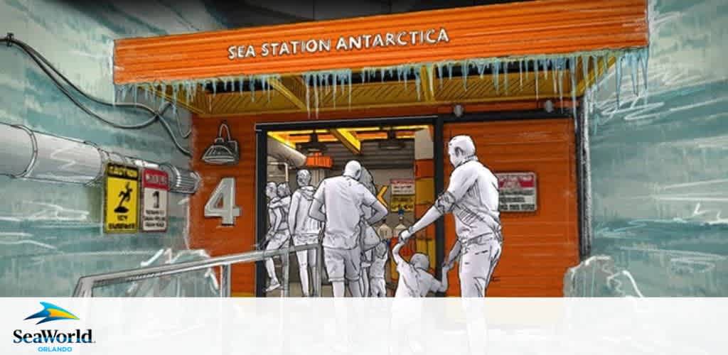 Image of SeaWorld's Sea Station Antarctica exhibit. Visitors in white parkas are about to enter the attraction through an orange door marked with a sign reading  Station 4 . The surroundings suggest a chilly Antarctic environment, and the SeaWorld Orlando logo is visible in the corner.