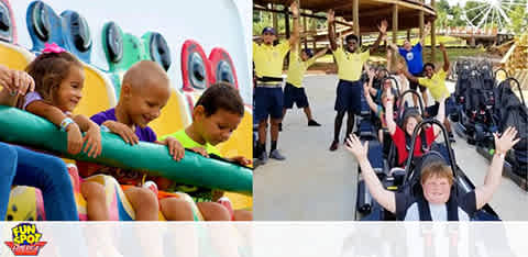 Image of children enjoying two separate attractions at Fun Spot amusement park. On the left, a group of kids smiles while sitting in a colorful caterpillar ride. On the right, several children and adults with their hands raised appear excited on a roller coaster track. The atmosphere is joyful, and the park is bustling with activity. The Fun Spot logo is visible in the bottom left corner.
