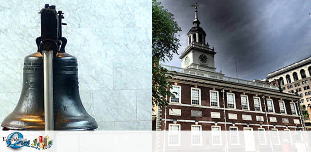 The image displays two distinct scenes side by side. On the left, there is a close-up of the Liberty Bell with its recognizable crack and inscription. On the right, the image shows Independence Hall in Philadelphia, characterized by its red brick facade and white wooden clock tower under an overcast sky. The logo for Urban Adventure Quest appears in the bottom center, overlaying both scenes.